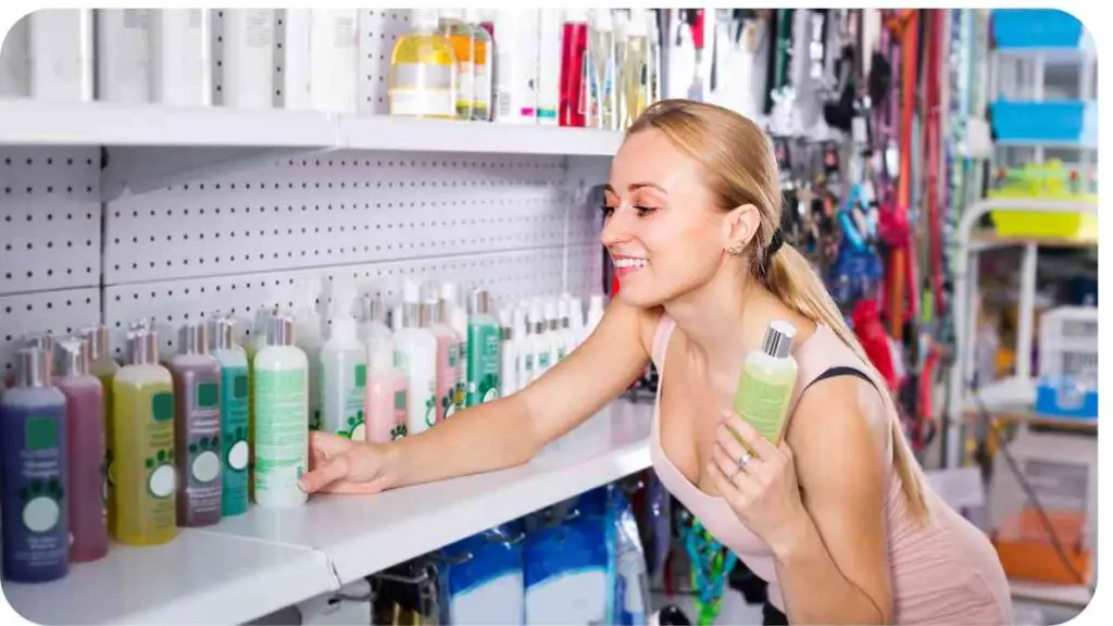 a person in a store holding a bottle of shampoo