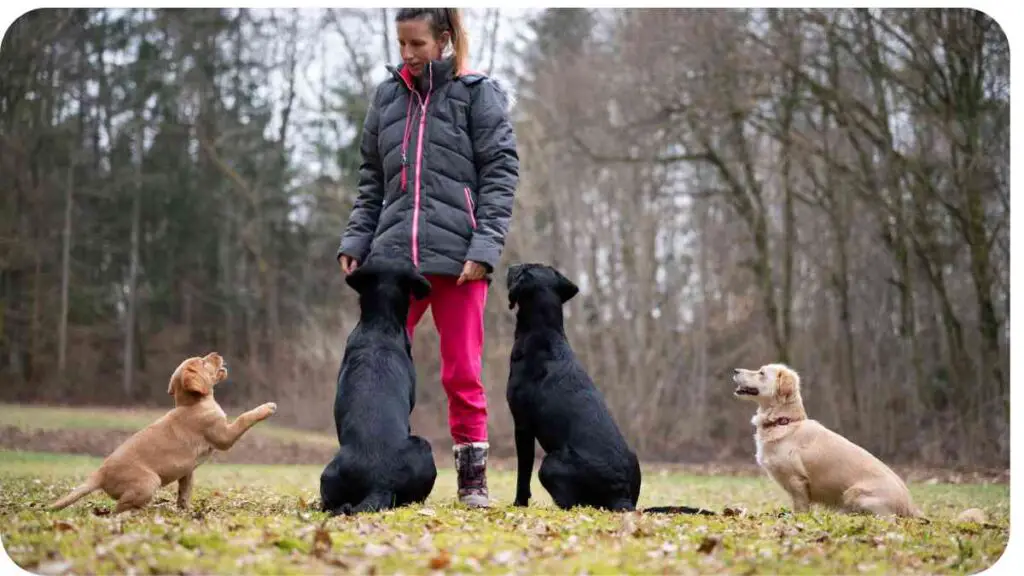 a person is standing in the grass with four dogs.