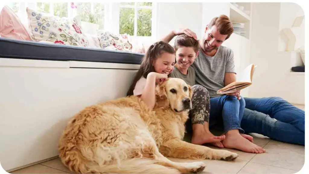{a family sitting on the floor with a dog}