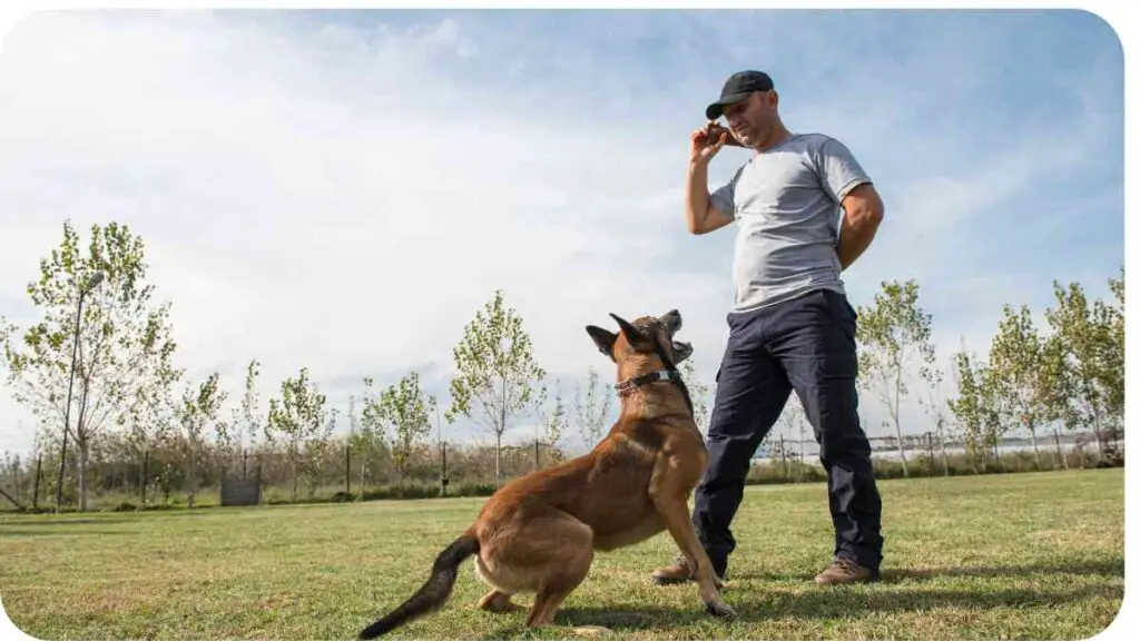 a person talking on a cell phone while standing next to a dog