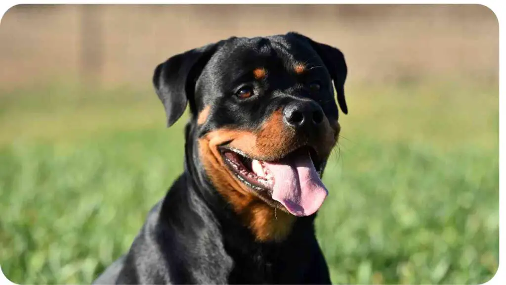 a rotweiler is sitting in the grass