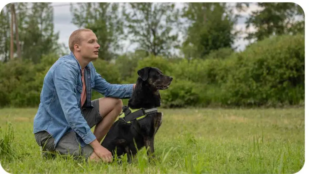 a person kneeling in the grass with their dog
