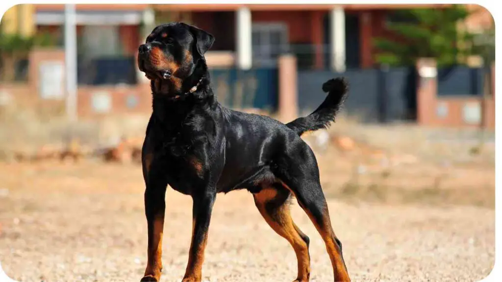 a dog standing on a dirt road.