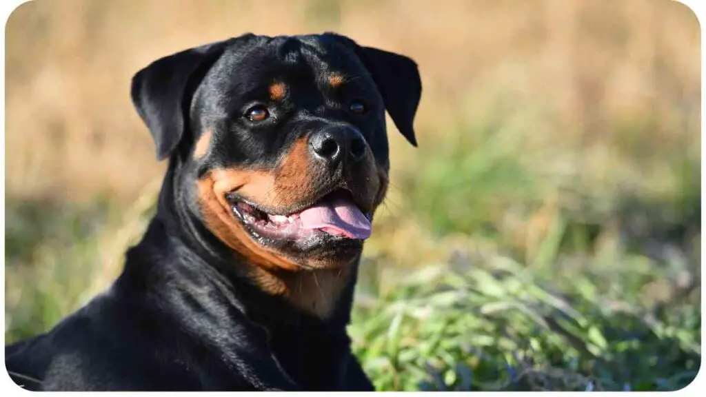 a rotweiler dog sitting in the grass