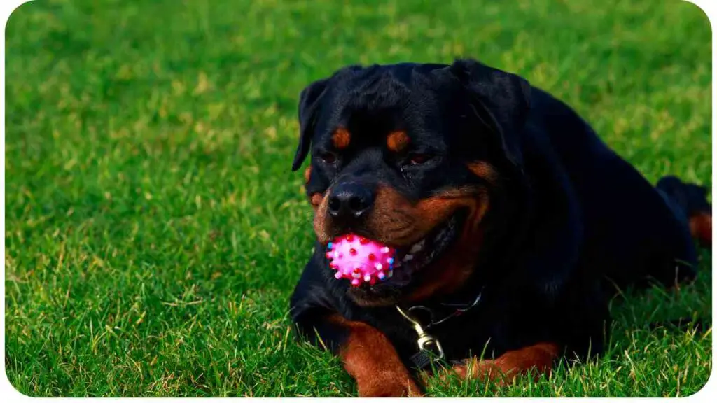 a rottweiler laying in the grass with a pink ball in its mouth