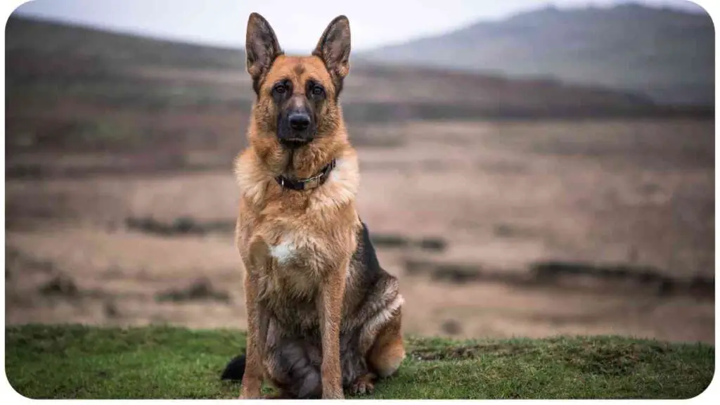 a german shepherd dog sitting on top of a hill