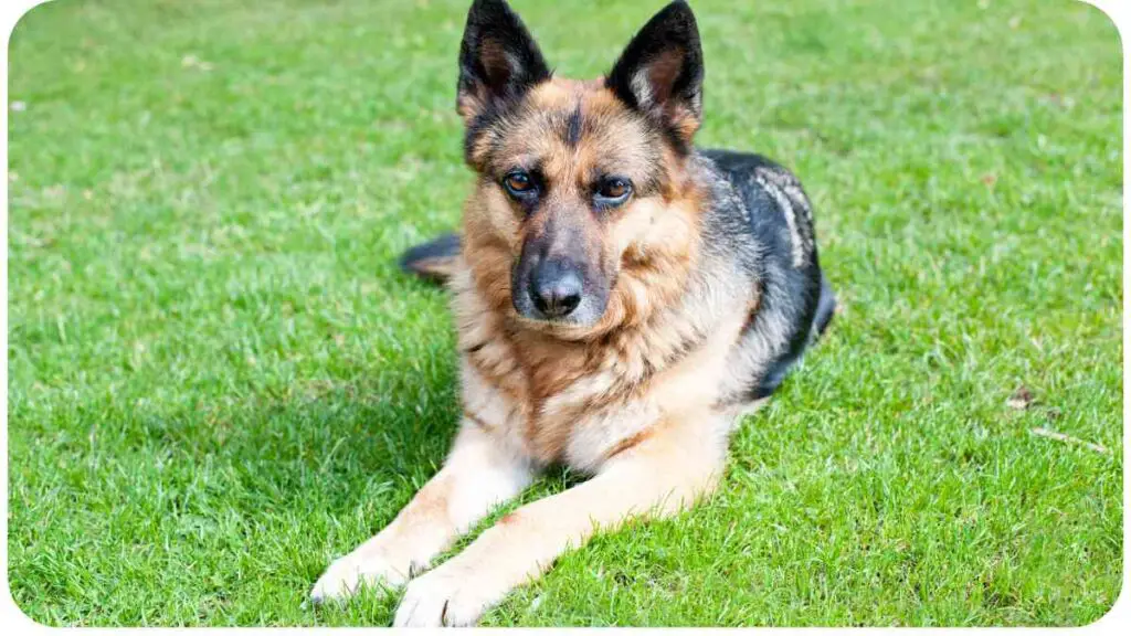 a german shepherd dog laying on the grass