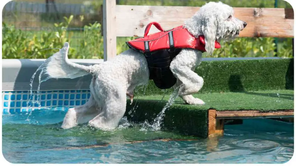 a dog in a life jacket jumping into a pool