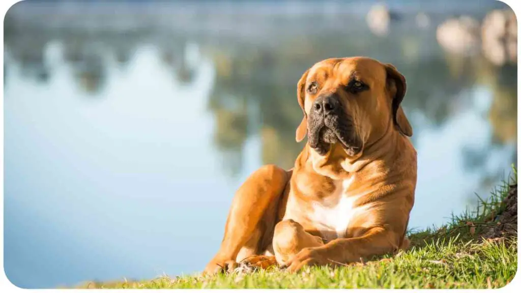 a large brown dog sitting on the grass by the water