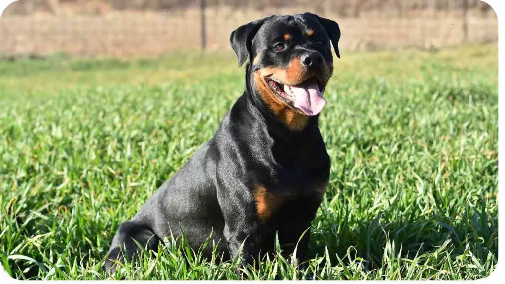 a rotweiler dog sitting in the grass