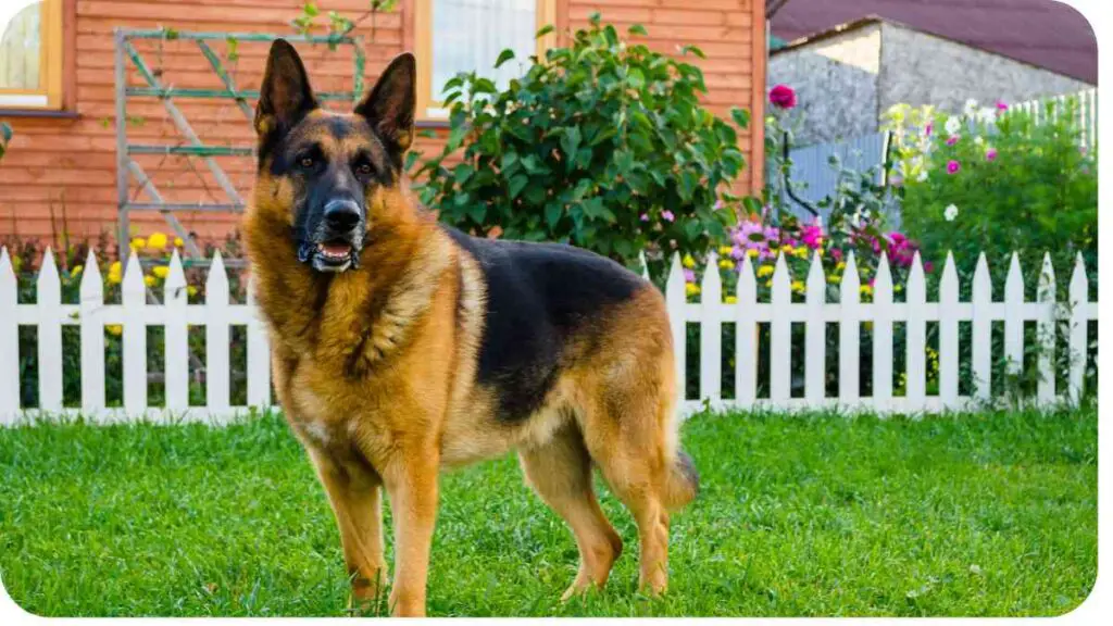 a german shepherd dog standing in front of a white picket fence