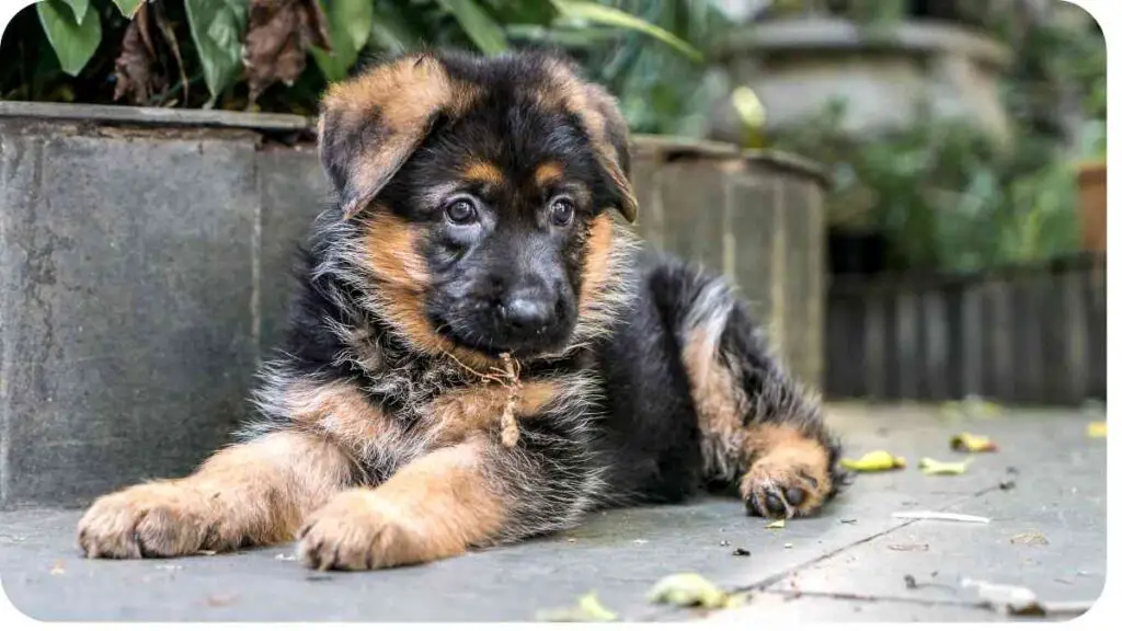 a german shepherd puppy laying on the ground