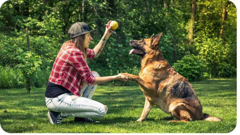 a person is playing with a german shepherd dog