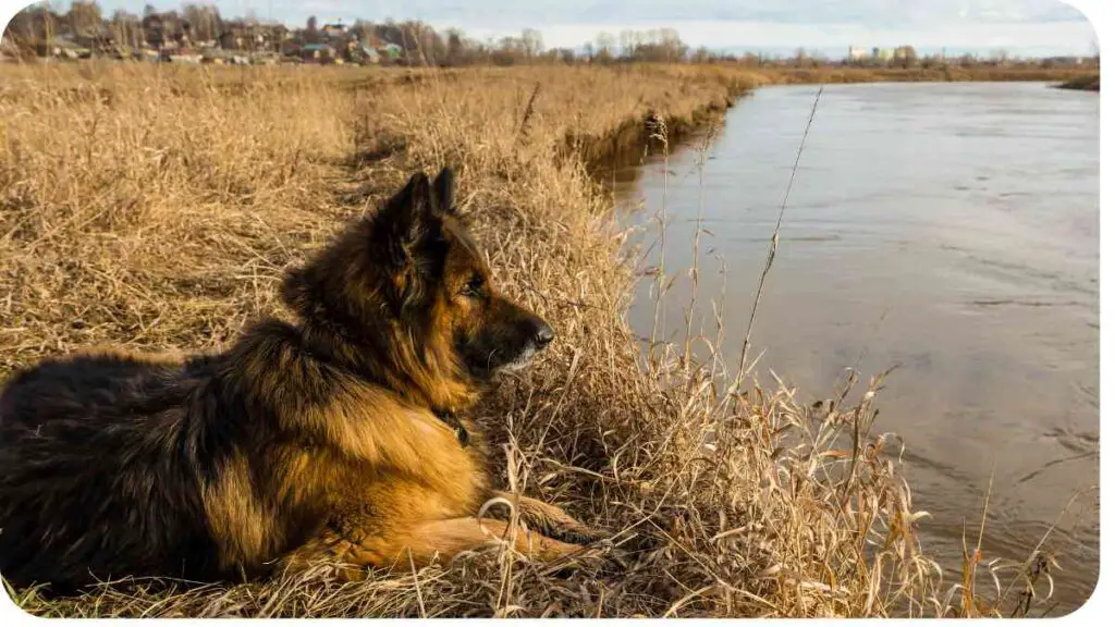 a german shepherd dog sitting next to a river