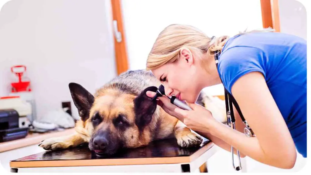 a person is examining a dog's ear with a stethoscope