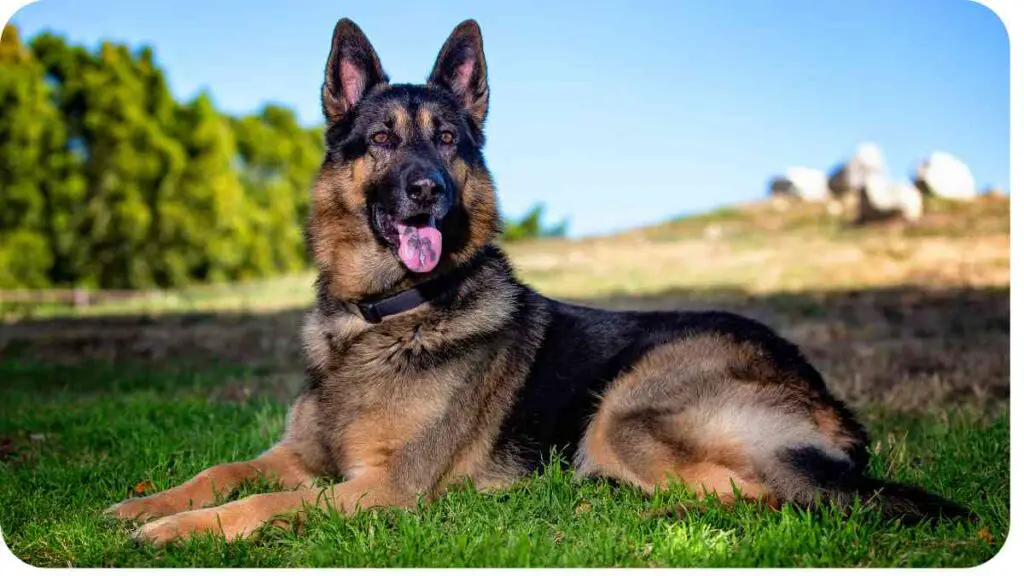 a german shepherd dog laying on the grass