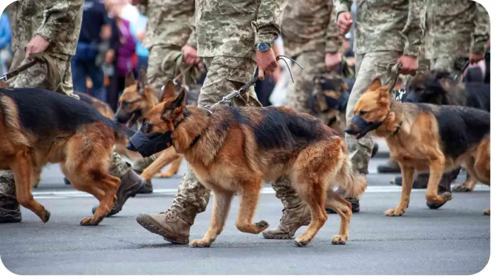 several german shepherds are walking in a parade