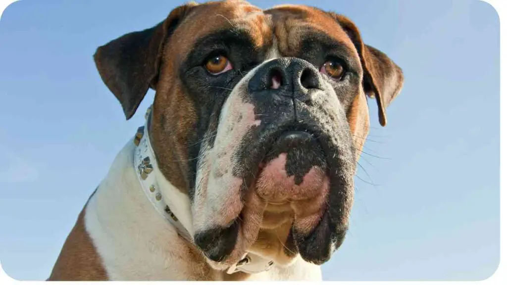 a close up of a boxer dog looking at the camera