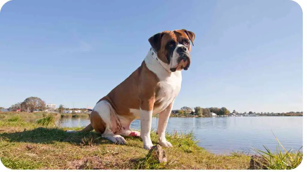 a brown and white boxer dog sitting on the grass next to a body of water