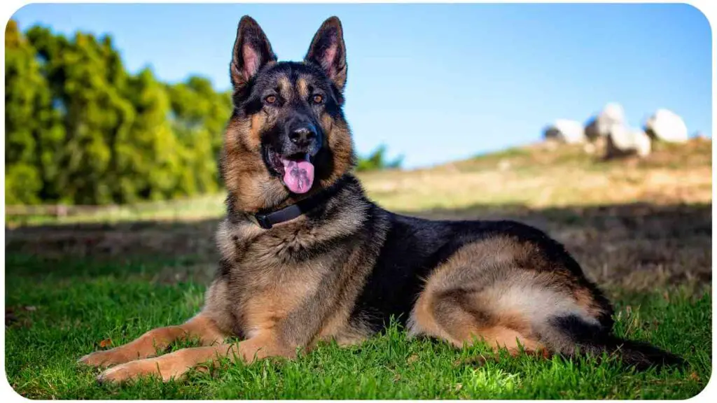 a german shepherd dog laying on the grass