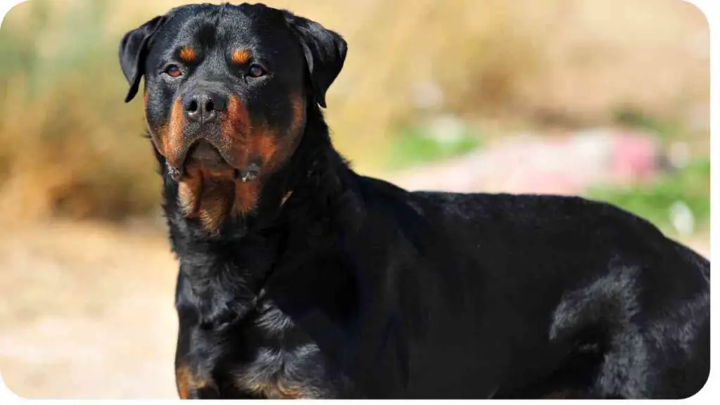 a rotweiler dog is standing in the dirt