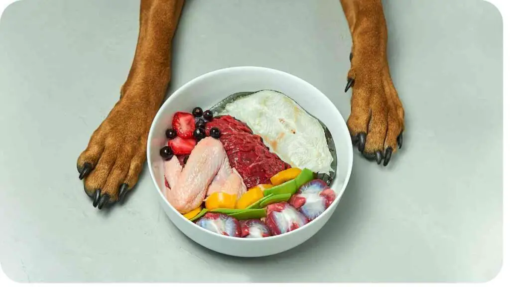 a dog's paw is in front of a bowl of food