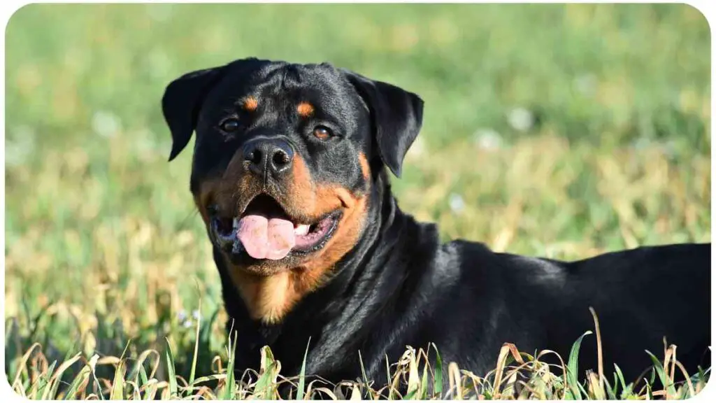 a rotweiler dog laying in the grass