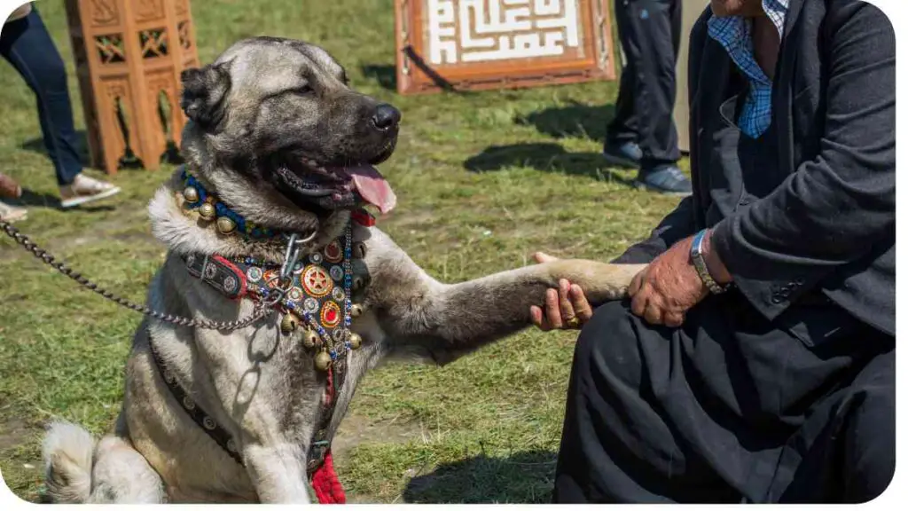 a person is shaking hands with a large dog