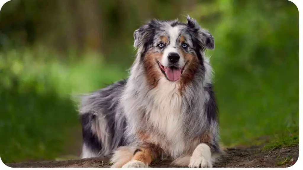 an australian shepherd dog is sitting on the ground