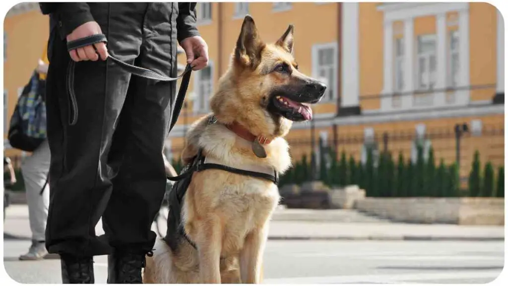 A German shepherd is standing on the street with a police officer