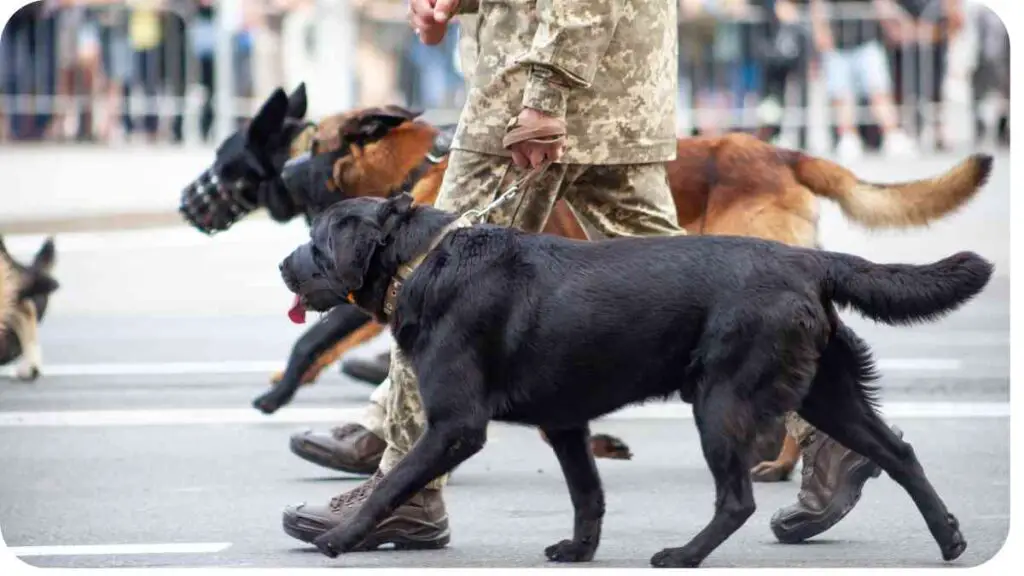 a person in uniform is walking their dogs down the street